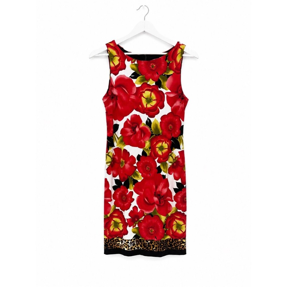 Cache Red Floral Leopard Sheath Dress Size 8 Y2k Style Colorful Sleeveless